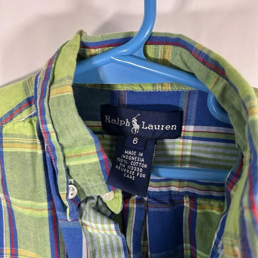 Ralph Lauren Dress Shirt Boys 6 Green Blue Plaid Button Up Long Sleeve Cotton